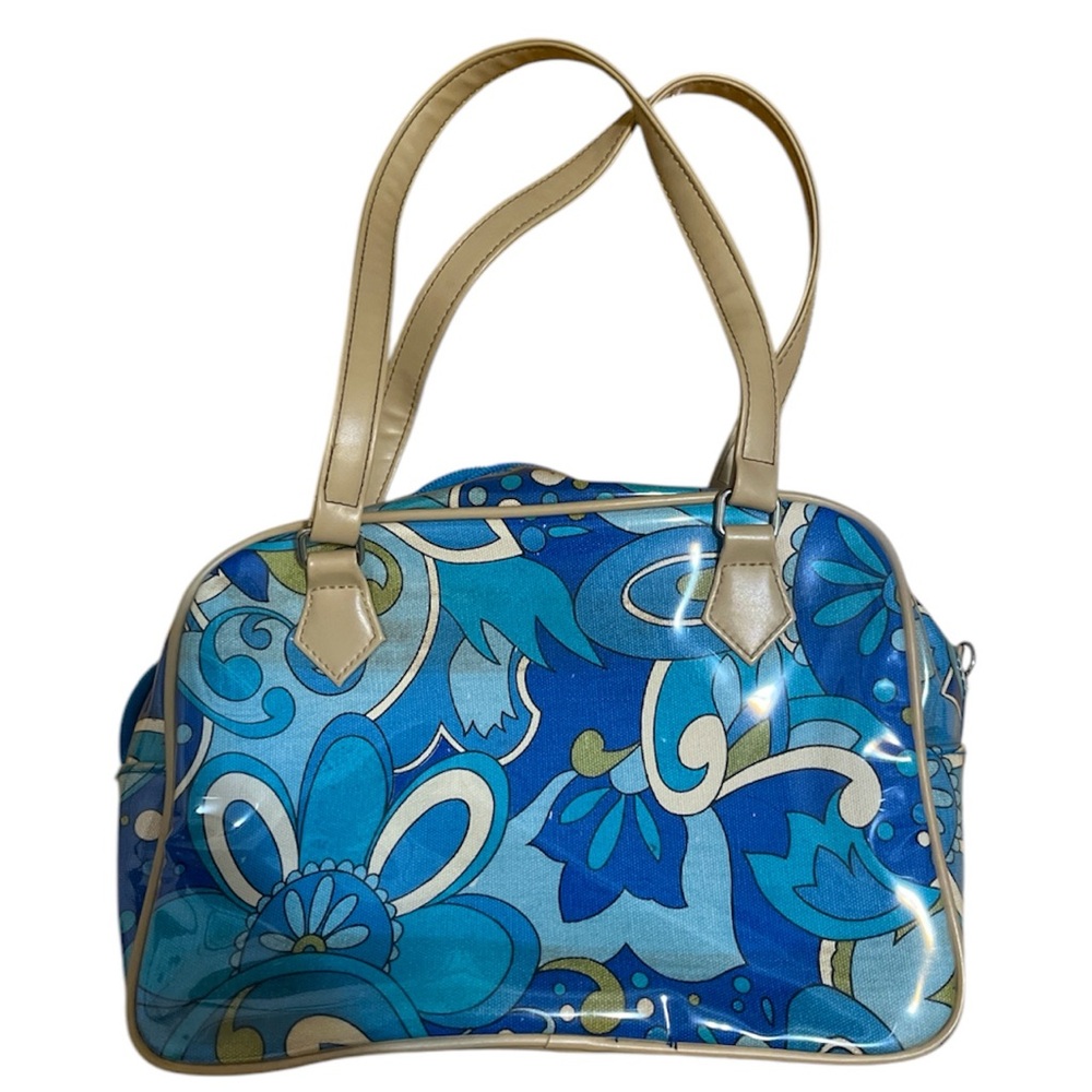 Blue & white floral shoulder bag with beige handles
